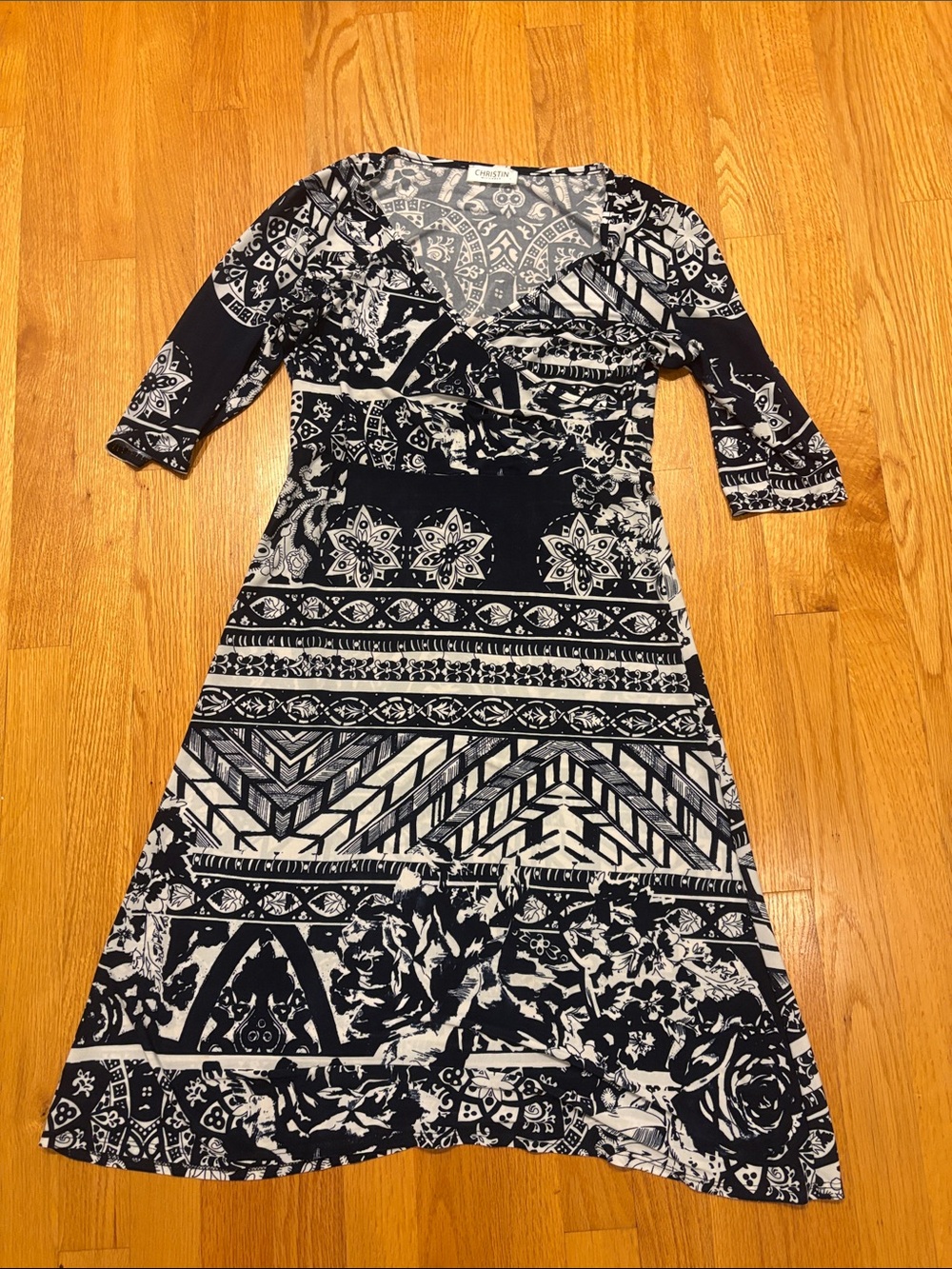 Women's Navy and White Patterned Wrap Dress